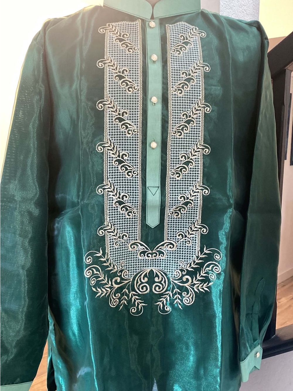 Mens Barong Tagalog Emerald Green Embroidered Tunic Jacket